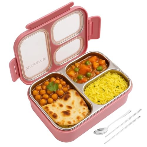 TuCo® Lunch Box 3 Compartment Leak-Proof BPA Free 304 Stainless Steel | Lunch Box for Kids, Girls, School & Office with a Spoon, Dull Skin Soap and a Pair of Chopsticks -650 ml, Pink - Image 1