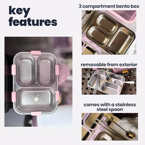 TuCo® Lunch Box 3 Compartment Leak-Proof BPA Free 304 Stainless Steel | Lunch Box for Kids, Girls, School & Office with a Spoon, Dull Skin Soap and a Pair of Chopsticks -650 ml, Pink - Image 3