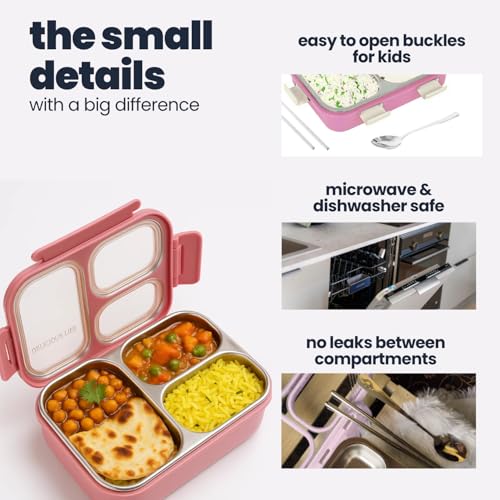 TuCo® Lunch Box 3 Compartment Leak-Proof BPA Free 304 Stainless Steel | Lunch Box for Kids, Girls, School & Office with a Spoon, Dull Skin Soap and a Pair of Chopsticks -650 ml, Pink - Image 4