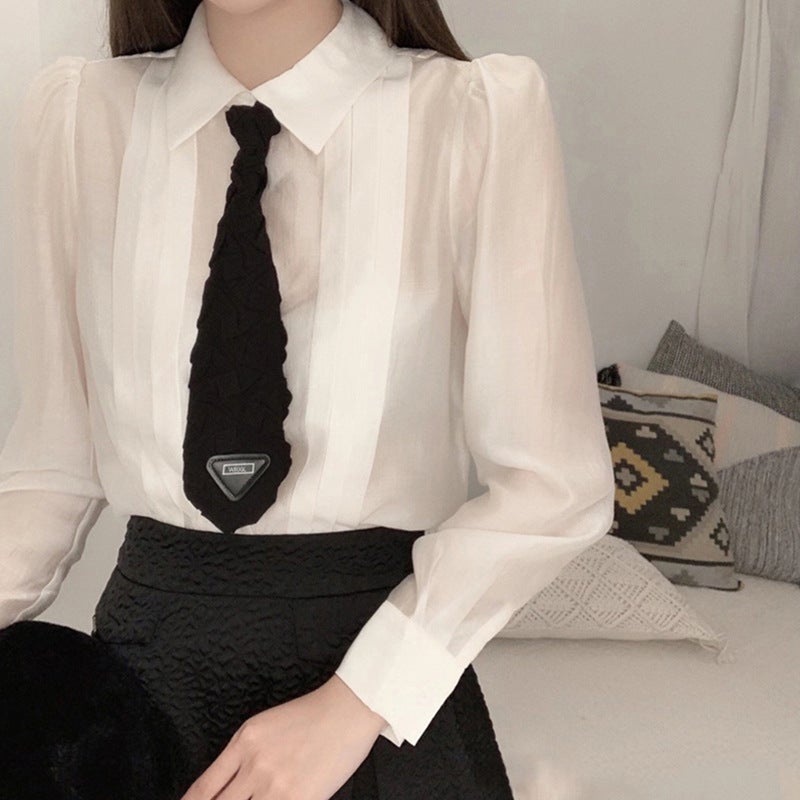 Shenzhen Style Nanyou Women'S Clothing European Style Bow Tie Puff Sleeve Unique Top Shirt Women'S Design Niche - Image 3