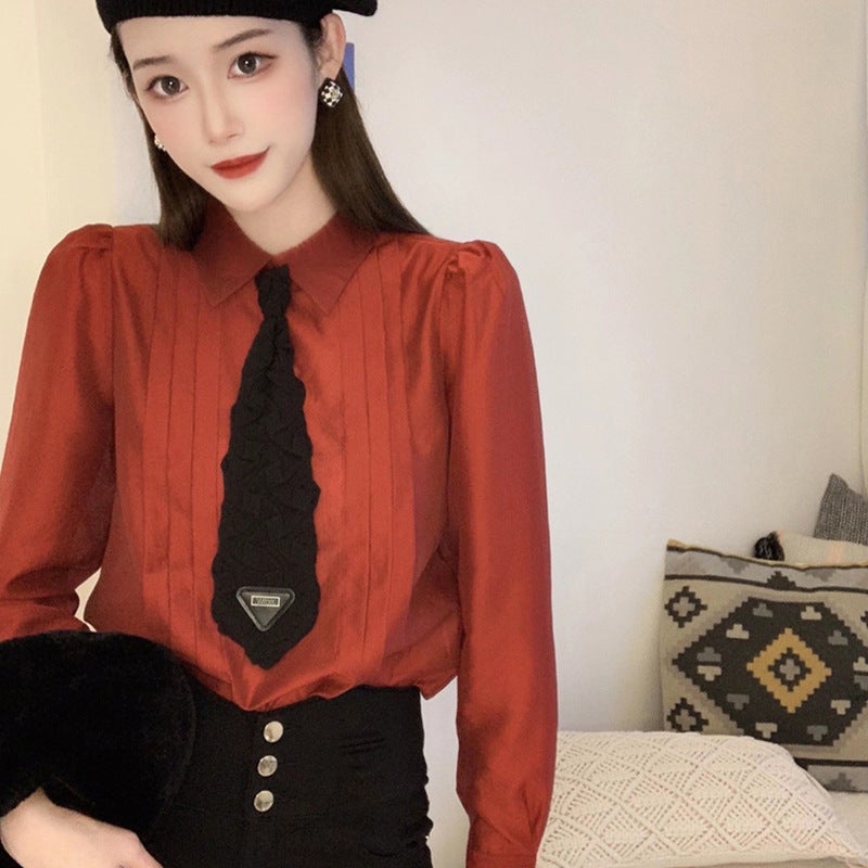 Shenzhen Style Nanyou Women'S Clothing European Style Bow Tie Puff Sleeve Unique Top Shirt Women'S Design Niche - Image 1