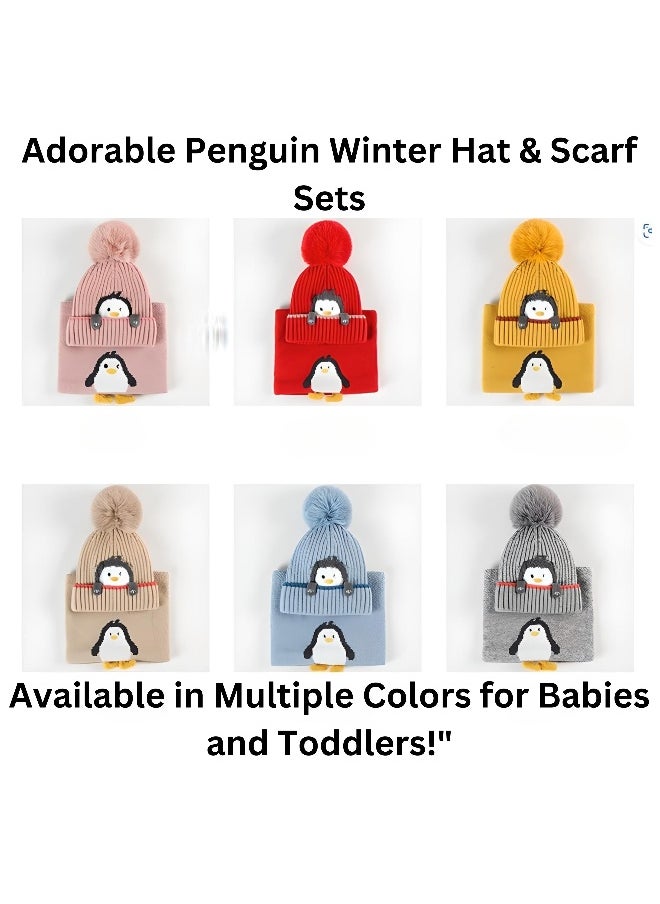 AL RAID - 2 Piece Cartoon Penguin Knitted Winter Hat and Scarf for Babies and Toddlers Ages 0 to 4 Years Warm Knit Beanie and Neck Warmer for Boys and Girls - Image 1
