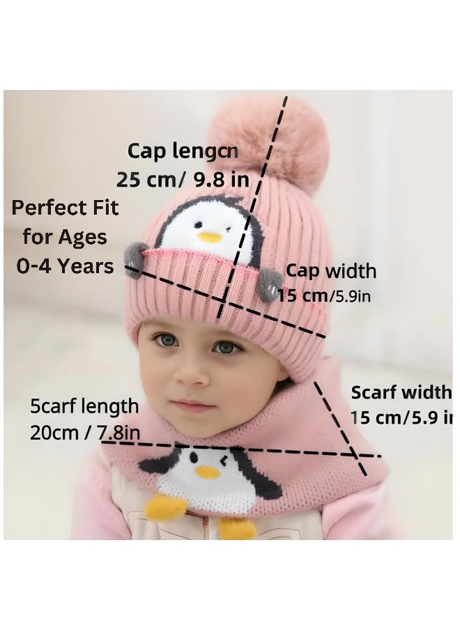 AL RAID - 2 Piece Cartoon Penguin Knitted Winter Hat and Scarf for Babies and Toddlers Ages 0 to 4 Years Warm Knit Beanie and Neck Warmer for Boys and Girls - Image 1