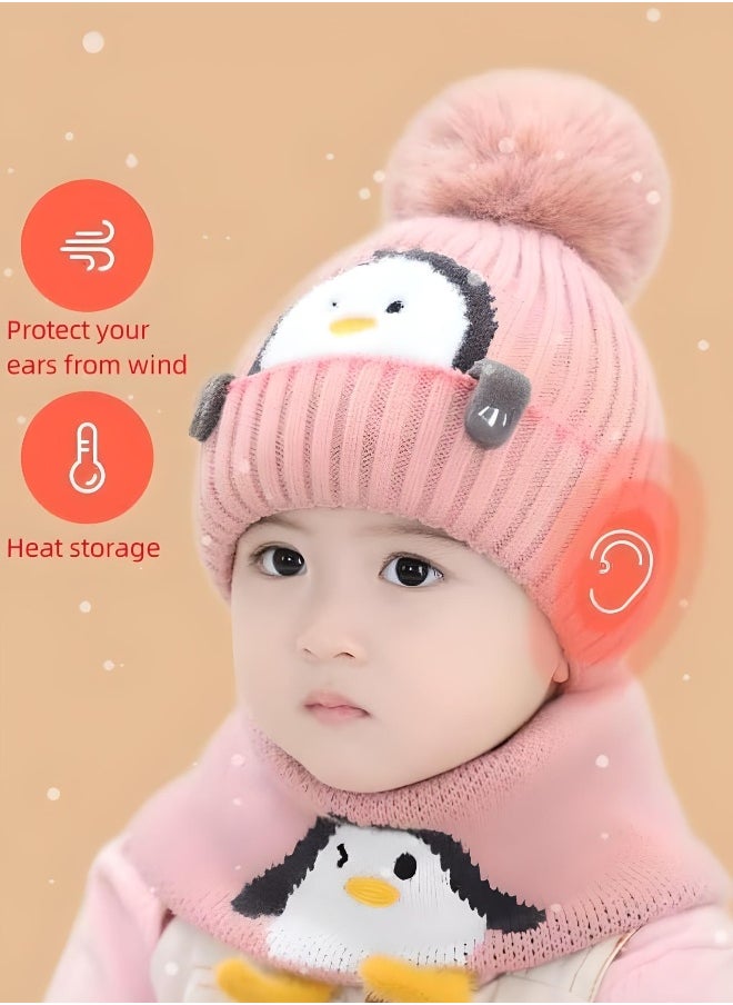 AL RAID - 2 Piece Cartoon Penguin Knitted Winter Hat and Scarf for Babies and Toddlers Ages 0 to 4 Years Warm Knit Beanie and Neck Warmer for Boys and Girls - Image 1