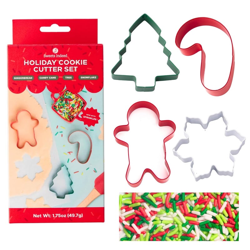 Sweets Indeed Christmas Cookie Cutters with Sprinkle Mix – 4-Pack Tree, Candy Cane, Snowflake & Gingerbread Man + 1.5 oz Red, White & Green Holiday Sprinkles - Image 1