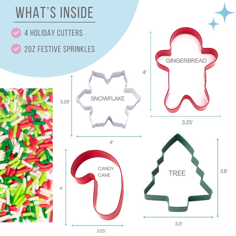 Sweets Indeed Christmas Cookie Cutters with Sprinkle Mix – 4-Pack Tree, Candy Cane, Snowflake & Gingerbread Man + 1.5 oz Red, White & Green Holiday Sprinkles - Image 2