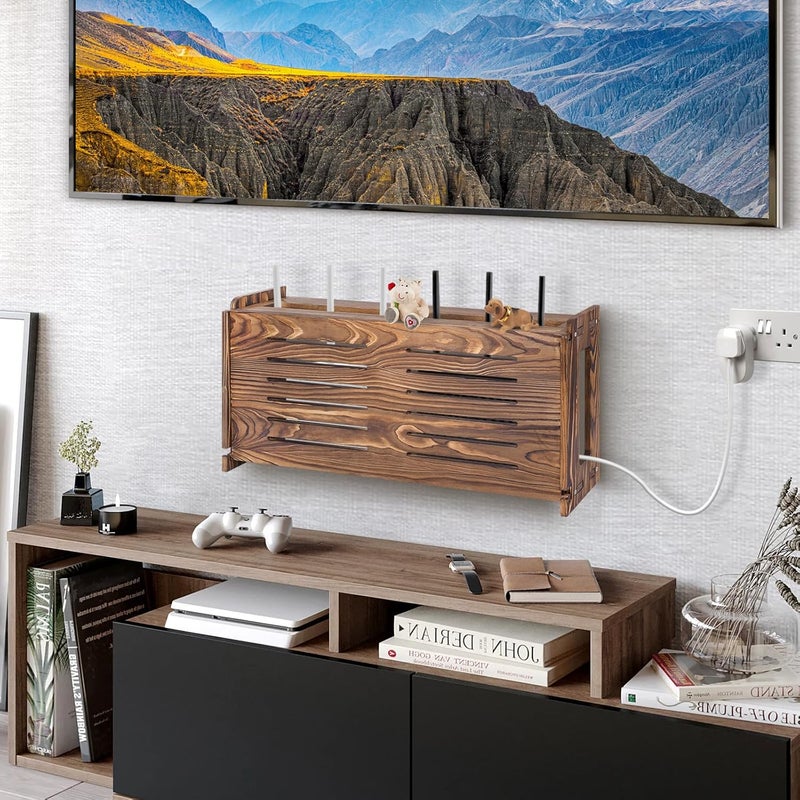 BEARUT Router Shelf Wall Mount WiFi Router Storage Box Modem Cable Router Cover Organized Power Strip Cable Management Hider Rack by Wood Need Assembly 26  98  54 inL H  D SSE - Image 2