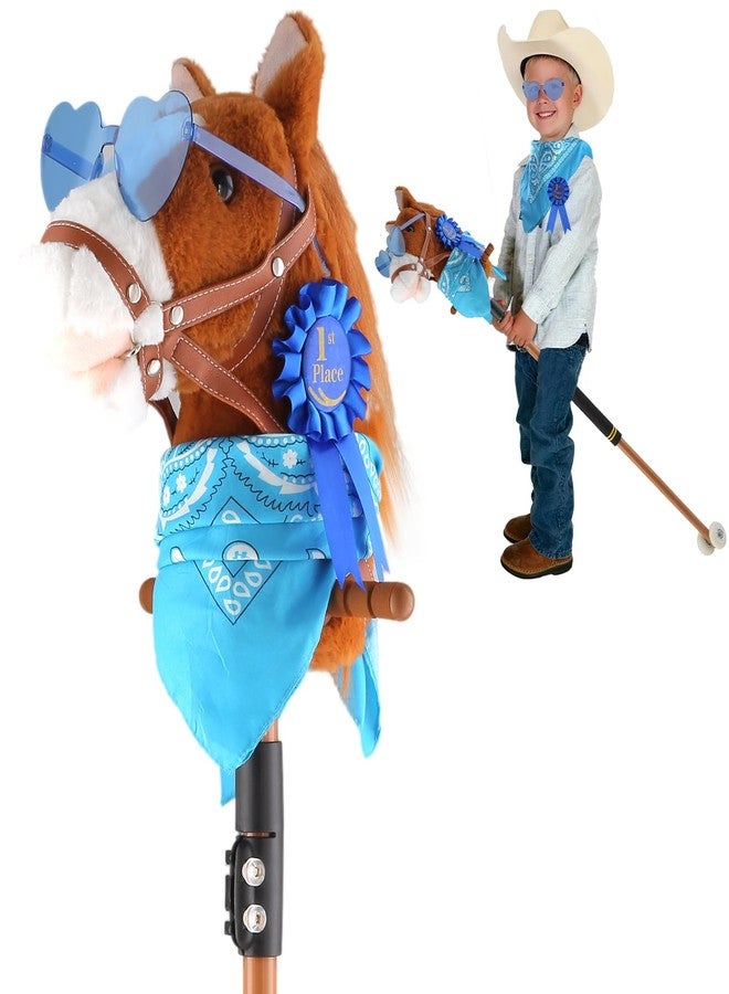 Frebuta Stick Horse for Kids,30 to 50In Hobby Horse on a Stick 3 to12 Years Plush Handcrafted Party Cowboy Music Blue Pony Horse Toy with Illuminated Wheel Stainless Steels Soft Sponge Handle (Brown) - Image 1