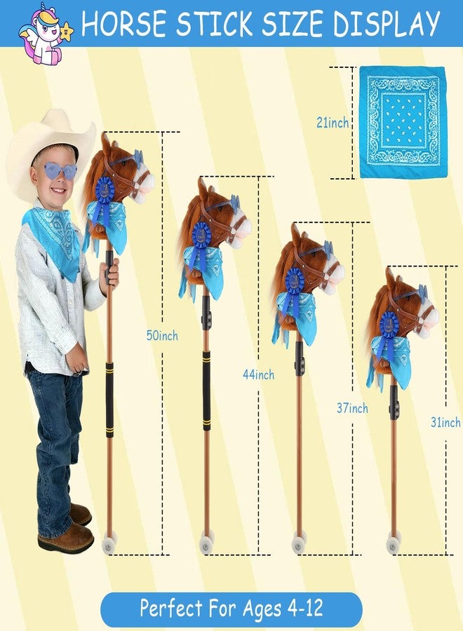 Frebuta Stick Horse for Kids,30 to 50In Hobby Horse on a Stick 3 to12 Years Plush Handcrafted Party Cowboy Music Blue Pony Horse Toy with Illuminated Wheel Stainless Steels Soft Sponge Handle (Brown) - Image 2