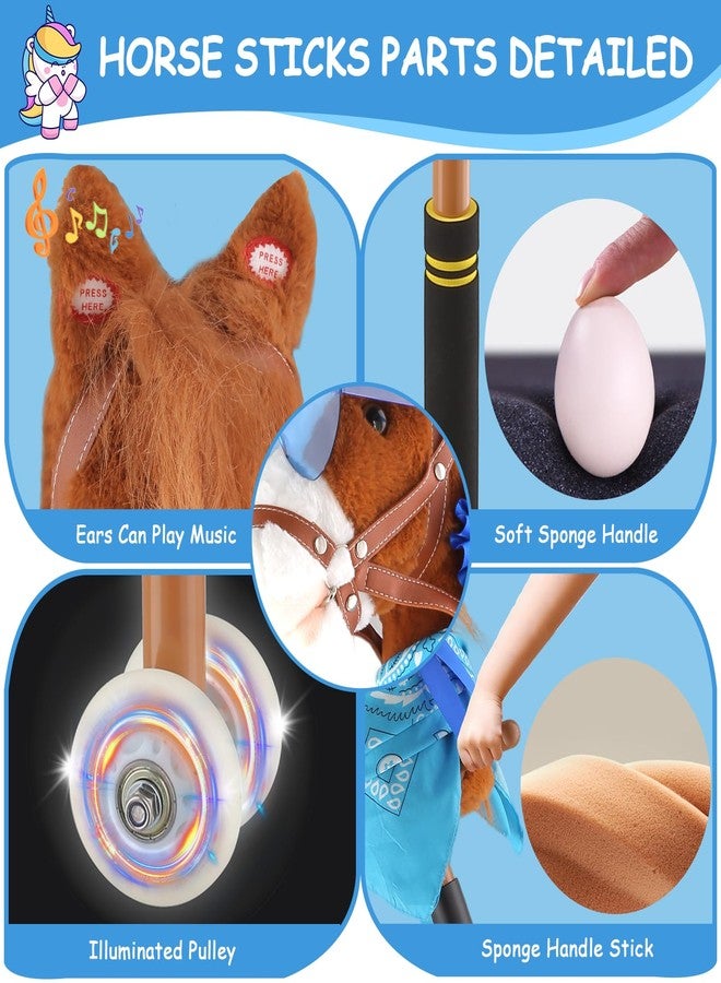 Frebuta Stick Horse for Kids,30 to 50In Hobby Horse on a Stick 3 to12 Years Plush Handcrafted Party Cowboy Music Blue Pony Horse Toy with Illuminated Wheel Stainless Steels Soft Sponge Handle (Brown) - Image 5