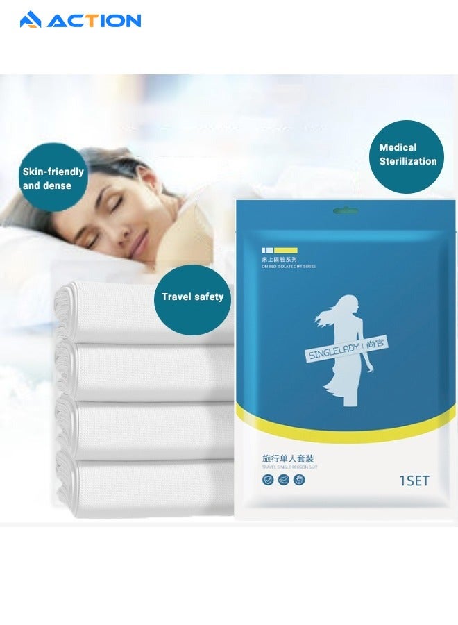 أكشن طقم ملاءات سرير للاستعمال مرة واحدة للسفر، 4 قطع من ملاءات السرير المحمولة للاستعمال مرة واحدة ومجموعة أكياس وسادة للاستعمال مرة واحدة، مناسبة للسفر والفنادق والسفر التجاري - Image 1