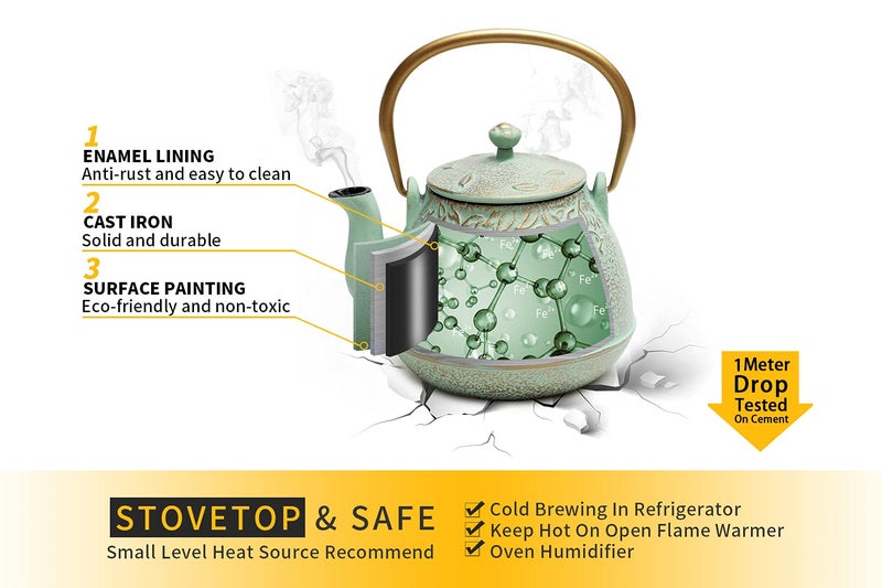 TOPTIER Tea Kettle for Stove Top, Cast Iron Teapot Stovetop Safe with Infusers for Loose Tea, 22 oz, Light Green - Image 5