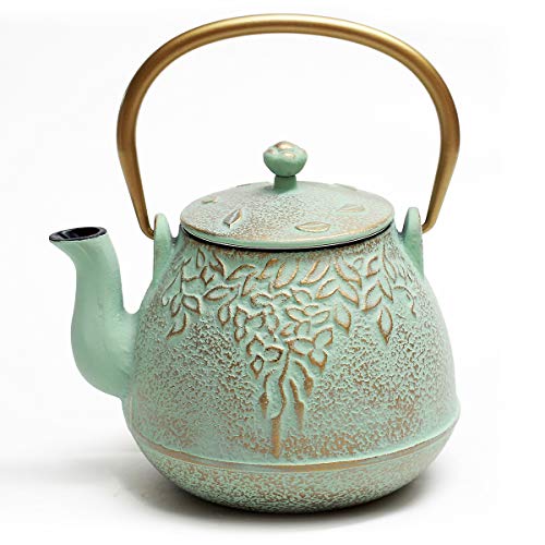 TOPTIER Tea Kettle for Stove Top, Cast Iron Teapot Stovetop Safe with Infusers for Loose Tea, 22 oz, Light Green - Image 1