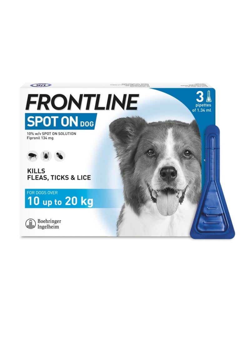 Frontline Spot On Flea and Tick Treatment for Medium Dog 10 20kg 3 Pipettes - Image 1