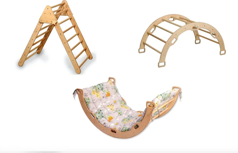 Kidoppo Pikler Climbing Set | Wooden Montessori Play Set and Activity Center | Triangle + Belt + Map Pillow