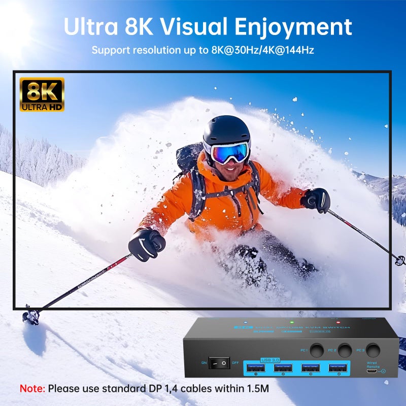 DXchip 8K/4K Displayport 1.4 KVM Switch 2 Monitors 3 Computers Dual Monitor 8K@30Hz/4K@144Hz 3 Port Dual DP1.4 USB 3.0 KVM Switches 3 PCs Share 2 Monitors & 4 USB 3.0 Devices with Desktop Controller - Image 5