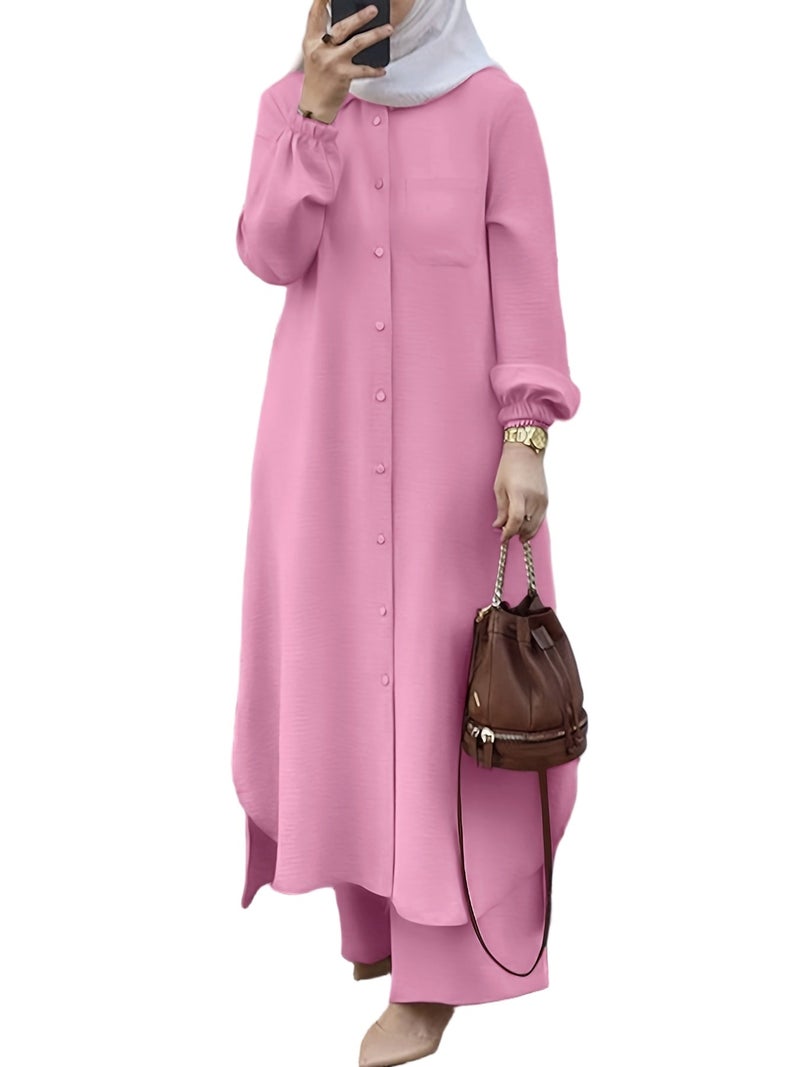 New Arabian 2pcs Abaya Set - Women'S Elegant Multi-Button Solid Color Long Sleeve Wide-Leg Pants Without for Ramadan Spring Autumn Daily Commute - Image 1