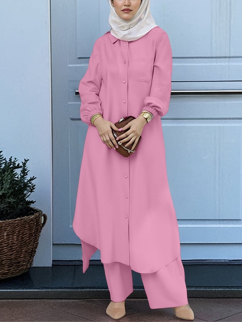 New Arabian 2pcs Abaya Set - Women'S Elegant Multi-Button Solid Color Long Sleeve Wide-Leg Pants Without for Ramadan Spring Autumn Daily Commute - Image 2
