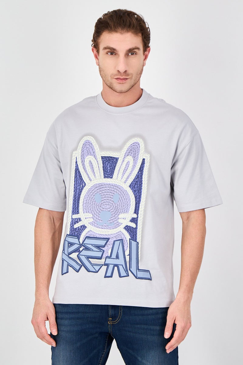Ketch Men Crew Neck Short Sleeve Embroidered T-Shirt, Light Grey - Image 1