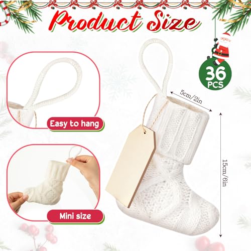 Suhine 36 Set Mini Christmas Knitted Stockings 6 Neutral Christmas Stocking Rustic Modern Farmhouse Xmas Tree Decor with Wooden DIY Tags Gifts Bulk for Holiday Mantel Party FavorWhite - Image 3