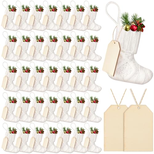 Suhine 36 Set Mini Christmas Knitted Stockings 6 Neutral Christmas Stocking Rustic Modern Farmhouse Xmas Tree Decor with Wooden DIY Tags Gifts Bulk for Holiday Mantel Party FavorWhite - Image 1