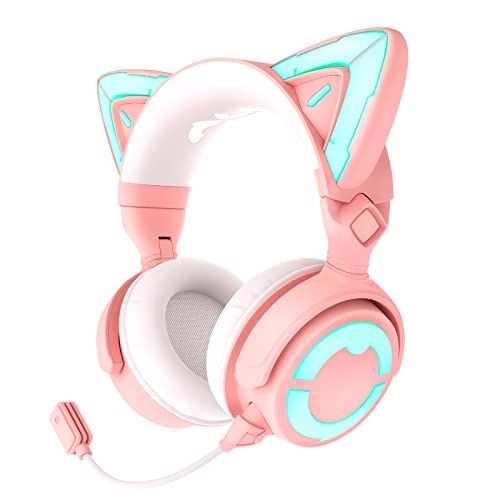 YOWU RGB Cat Ear Headphone 4, Upgraded Wireless & Wired Gaming Headset with Attachable HD Microphone -Active Noise Reduction, Dual-Channel Stereo & Customizable Lighting and Effect via APP (Pink) - Image 1