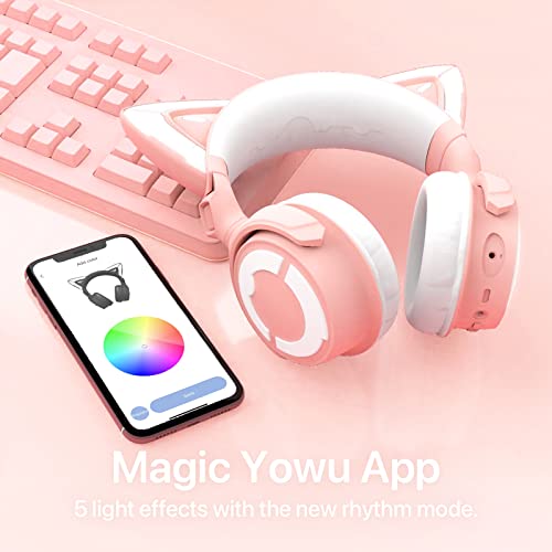 YOWU RGB Cat Ear Headphone 4, Upgraded Wireless & Wired Gaming Headset with Attachable HD Microphone -Active Noise Reduction, Dual-Channel Stereo & Customizable Lighting and Effect via APP (Pink) - Image 5