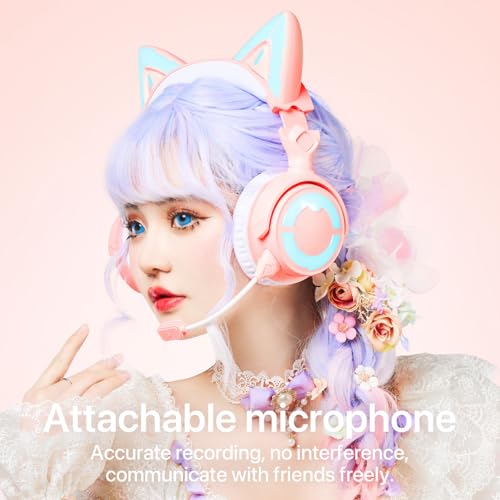 YOWU RGB Cat Ear Headphone 4, Upgraded Wireless & Wired Gaming Headset with Attachable HD Microphone -Active Noise Reduction, Dual-Channel Stereo & Customizable Lighting and Effect via APP (Pink) - Image 3