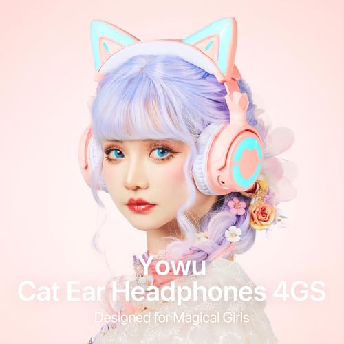 YOWU RGB Cat Ear Headphone 4, Upgraded Wireless & Wired Gaming Headset with Attachable HD Microphone -Active Noise Reduction, Dual-Channel Stereo & Customizable Lighting and Effect via APP (Pink) - Image 2