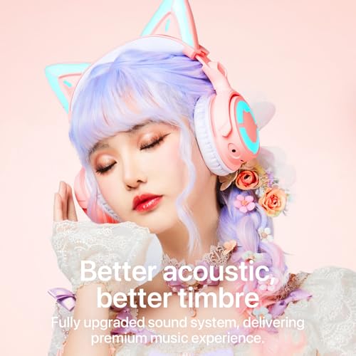 YOWU RGB Cat Ear Headphone 4, Upgraded Wireless & Wired Gaming Headset with Attachable HD Microphone -Active Noise Reduction, Dual-Channel Stereo & Customizable Lighting and Effect via APP (Pink) - Image 4