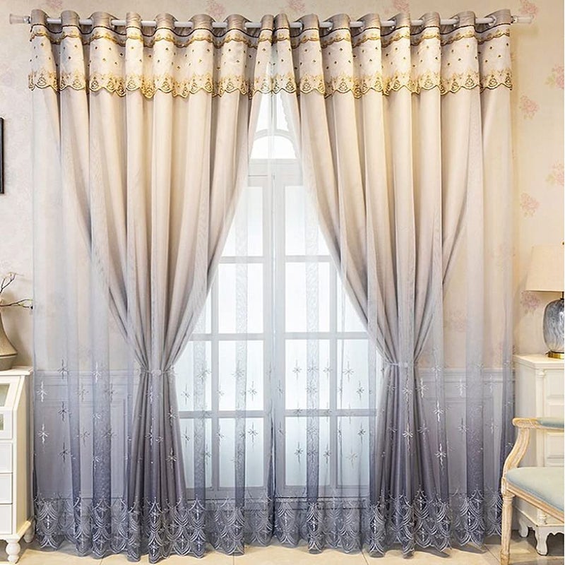 Amidoudou 1 Pair Modern Double Layer Curtains with Valance for Living Room Bedroom Luxury Gradient Embroidered Blackout Curtains (Grey,54x90 Inch) - Image 1