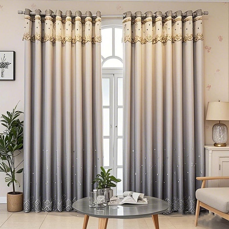 Amidoudou 1 Pair Modern Double Layer Curtains with Valance for Living Room Bedroom Luxury Gradient Embroidered Blackout Curtains (Grey,54x90 Inch) - Image 3