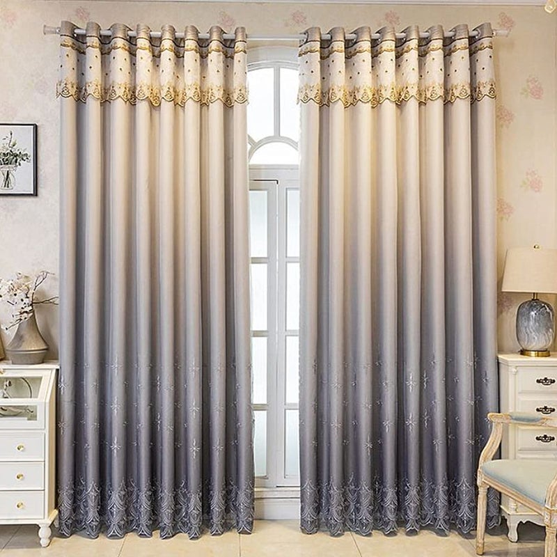 Amidoudou 1 Pair Modern Double Layer Curtains with Valance for Living Room Bedroom Luxury Gradient Embroidered Blackout Curtains (Grey,54x90 Inch) - Image 2