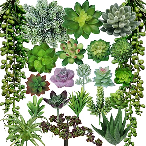 Winlyn 22 Pcs Bulk Artificial Succulents Plants Unpotted Small Aloe Hanging String of Pearls Cactus Green Fake Succulents for Succulent Garden Arrangement Centerpiece Wall Indoor Outdoor Home Decor - Image 1