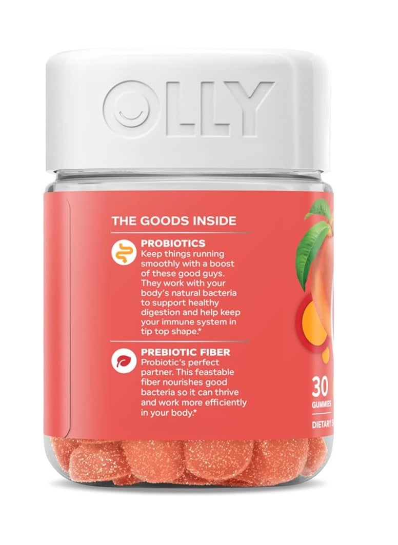 OLLY - Probiotic + Prebiotic Gummy Digestive Support And Gut Health 500 Million Cfus Fiber Adult Chewable Supplement For Men And Women Peach 30 Day Supply 30 Count - Image 1
