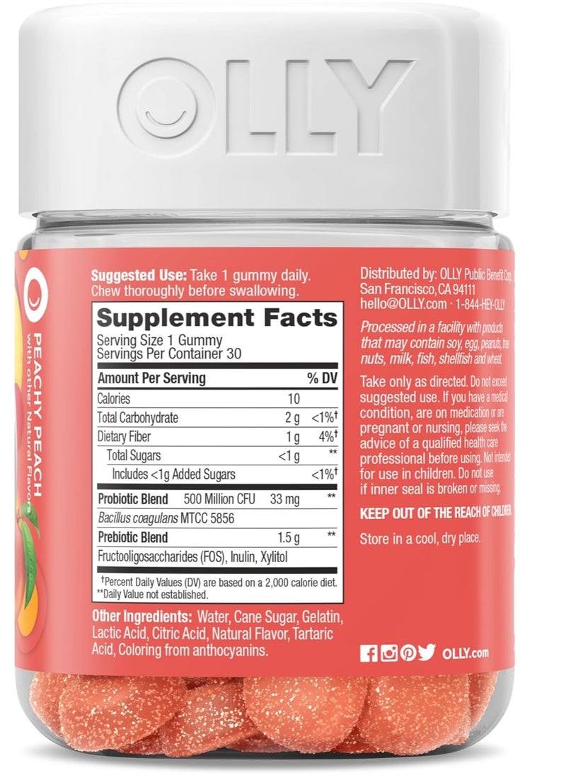 OLLY - Probiotic + Prebiotic Gummy Digestive Support And Gut Health 500 Million Cfus Fiber Adult Chewable Supplement For Men And Women Peach 30 Day Supply 30 Count - Image 1