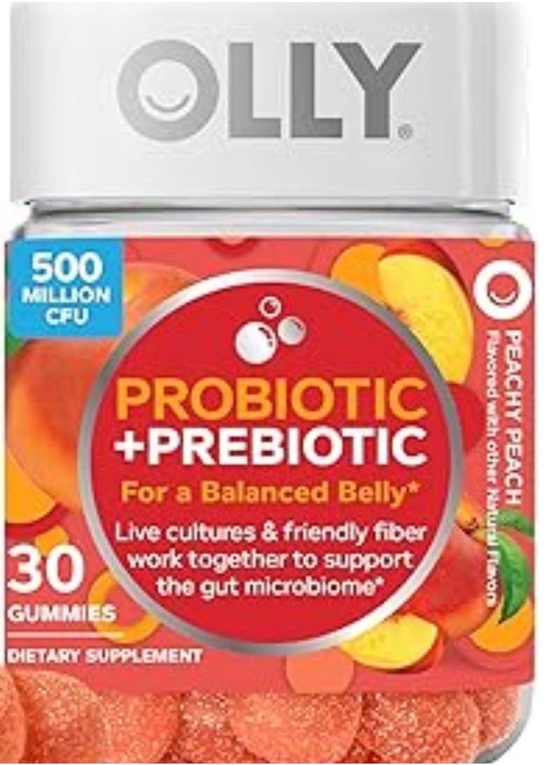 OLLY - Probiotic + Prebiotic Gummy Digestive Support And Gut Health 500 Million Cfus Fiber Adult Chewable Supplement For Men And Women Peach 30 Day Supply 30 Count - Image 1