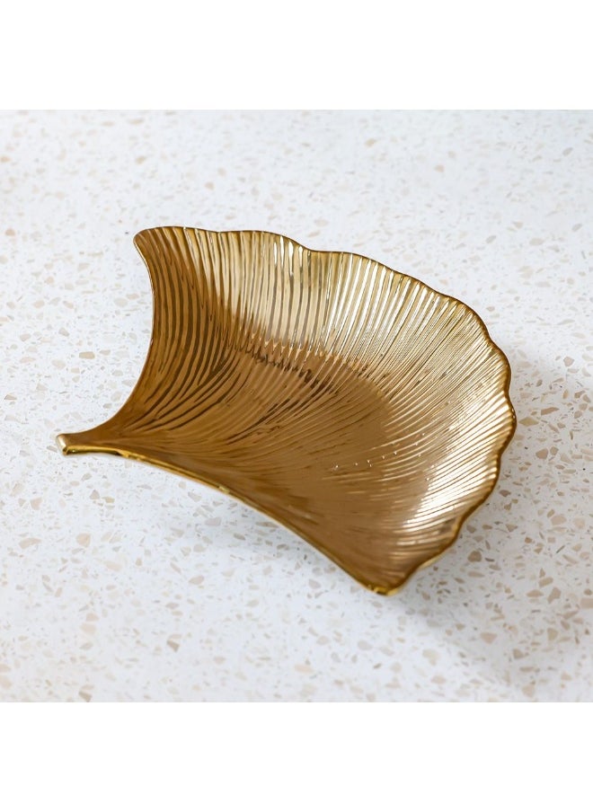 DANUBE HOME Danube Home Inaaya Leaf Ceramic Gold Plate - 30X23X4.5 Cm Decorative Stoneware Tray For Home Luxury Serving Dish In Titanium Gold With White Decorative Home Accessories  - Image 1