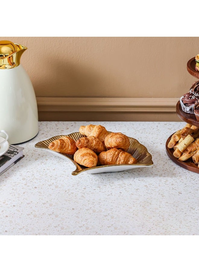 DANUBE HOME Danube Home Inaaya Leaf Ceramic Gold Plate - 30X23X4.5 Cm Decorative Stoneware Tray For Home Luxury Serving Dish In Titanium Gold With White Decorative Home Accessories  - Image 3