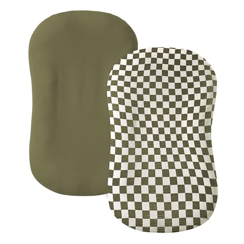 guruixu Muslin Baby Lounger Cover 2 Pack, 100% Cotton Infant Lounger Cover, Soft & Breathable Replacement Slipcover, Compatible with Snuggle Me Newborn Lounger (Olive,Olive Check) - Image 1