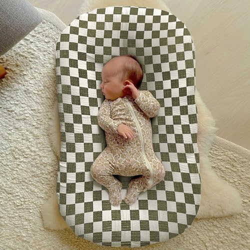 guruixu Muslin Baby Lounger Cover 2 Pack, 100% Cotton Infant Lounger Cover, Soft & Breathable Replacement Slipcover, Compatible with Snuggle Me Newborn Lounger (Olive,Olive Check) - Image 3