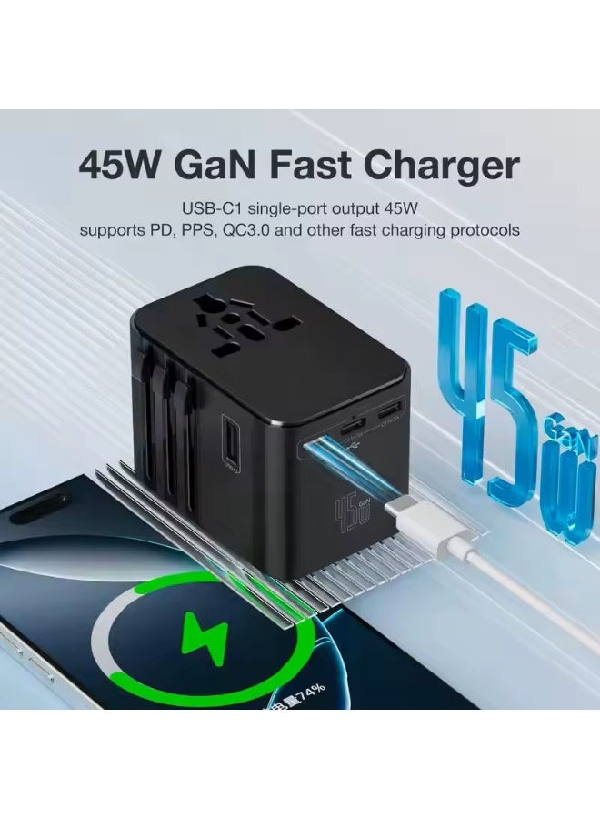محول السفر الدولي ANRMESUN AS-451C مزود بشحن سريع GaN بقوة 45 واط، يدعم تقنيتي PD و QC3.0، و3 منافذ USB-C ومنفذين USB-A، ومحول طاقة عالمي 100-240 فولت - Image 2