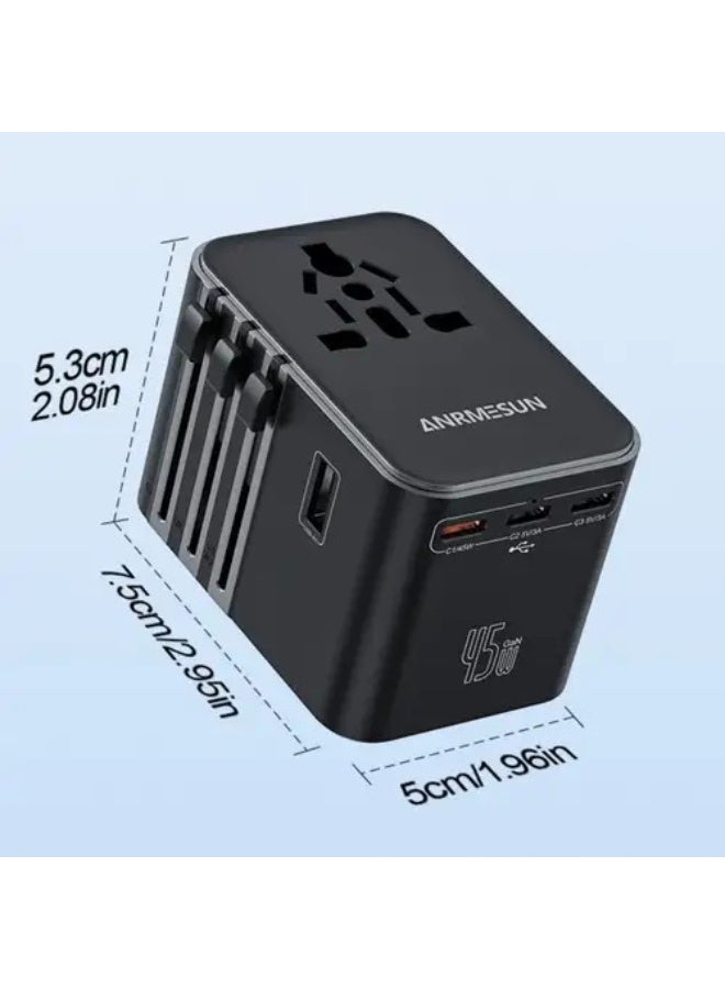 محول السفر الدولي ANRMESUN AS-451C مزود بشحن سريع GaN بقوة 45 واط، يدعم تقنيتي PD و QC3.0، و3 منافذ USB-C ومنفذين USB-A، ومحول طاقة عالمي 100-240 فولت - Image 1