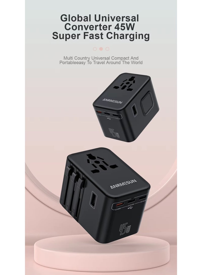محول السفر الدولي ANRMESUN AS-451C مزود بشحن سريع GaN بقوة 45 واط، يدعم تقنيتي PD و QC3.0، و3 منافذ USB-C ومنفذين USB-A، ومحول طاقة عالمي 100-240 فولت - Image 3