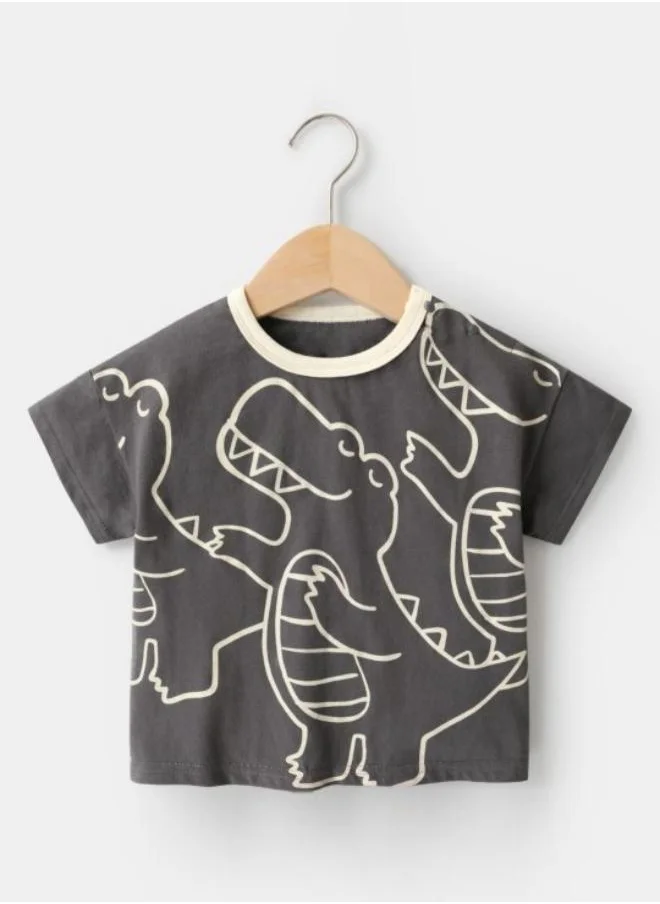 يونيكي Charcoal Printed Short Sleeve Crew Neck T-Shirt