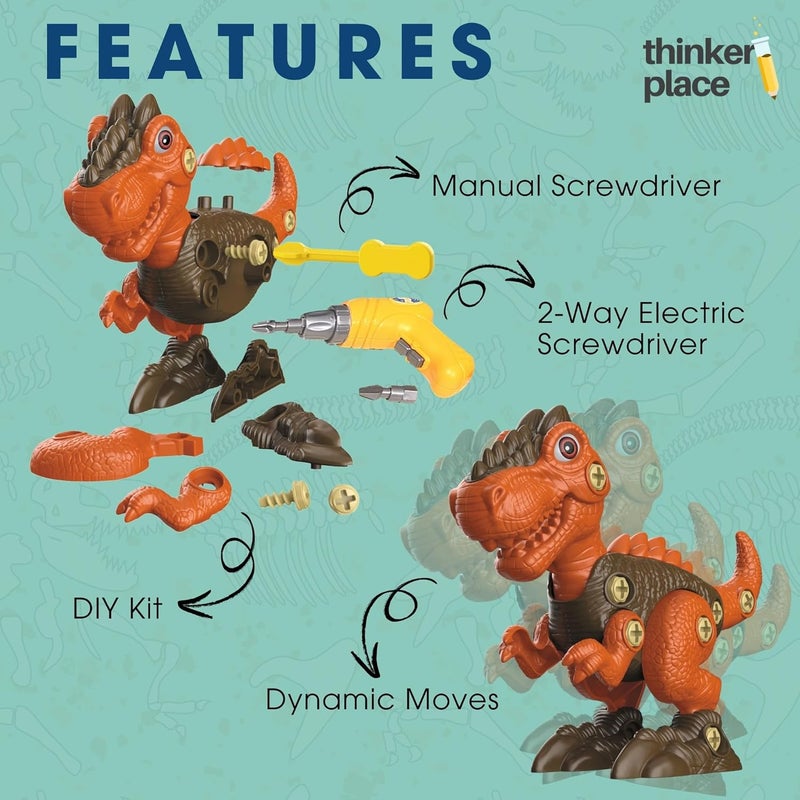 ThinkerPlace Large DIY T. Rex Dinosaur Kit with Motor Play | Learn About Motors | Take Apart Dinosaur Toys | Build, Play & Learn | STEM Educational Toy for Kids Age 4+ | Science & Learning Toy - Image 2