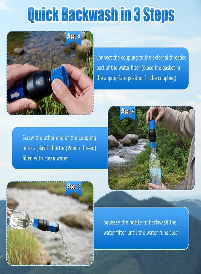 Enhon Water Filter Coupling Kit, Compatible with 28mm External Threaded Water Filters and Standard Plastic Bottles, 2 Filtration Cleaning Couplings with 10 Gasket Seals for Hiking Camping - Image 4