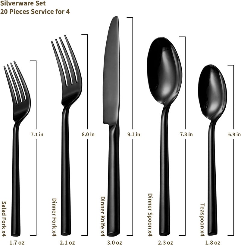 Alata Potter Black 20Piece Forged Silverware Set with UtensilServing Set Service for 4 Stainless Steel Flatware Set Modern Design with Mirror Finish Ideal for Home Kitchen Party Camping - Image 3