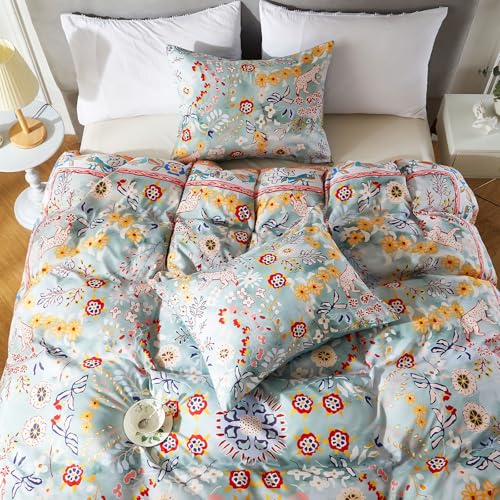 Cupocupa Bohemian King Duvet Cover Set, Vintage Floral Animal Print Bedding with Reversible Teal Lining, Zipper Closure & Corner Ties, Soft Breathable Light Blue Colorful Comforter Cover for Bedroom - Image 5