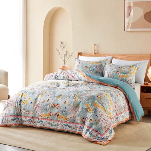 Cupocupa Bohemian King Duvet Cover Set, Vintage Floral Animal Print Bedding with Reversible Teal Lining, Zipper Closure & Corner Ties, Soft Breathable Light Blue Colorful Comforter Cover for Bedroom - Image 2